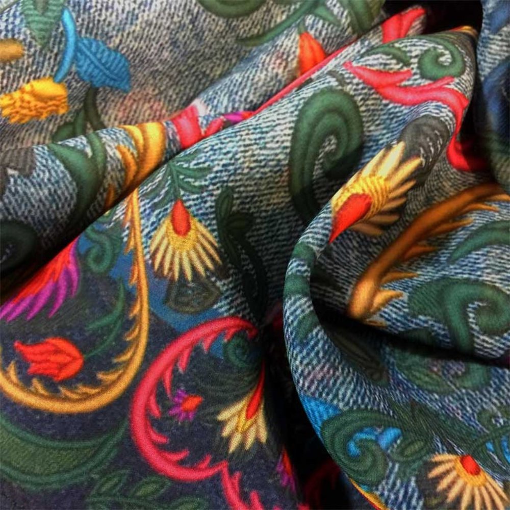 Floral Hippie Shawl. Printed Denim Swedish Folk Chiffon Scarf - Picture 9 of 12